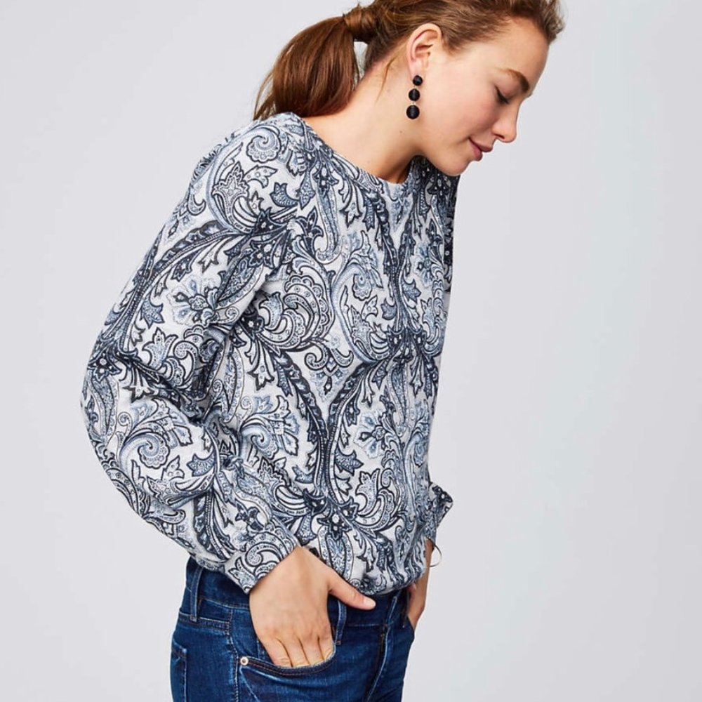 LOFT S Paisley Patterned Blouson Balloon Sleeve Sweatshirt Pullover Top